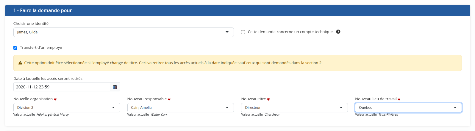 Le formulaire de transfert d'employé