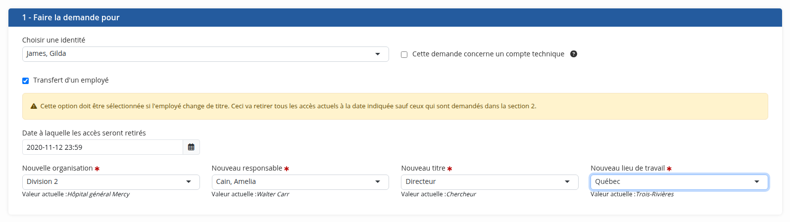 Le formulaire de transfert d'employé