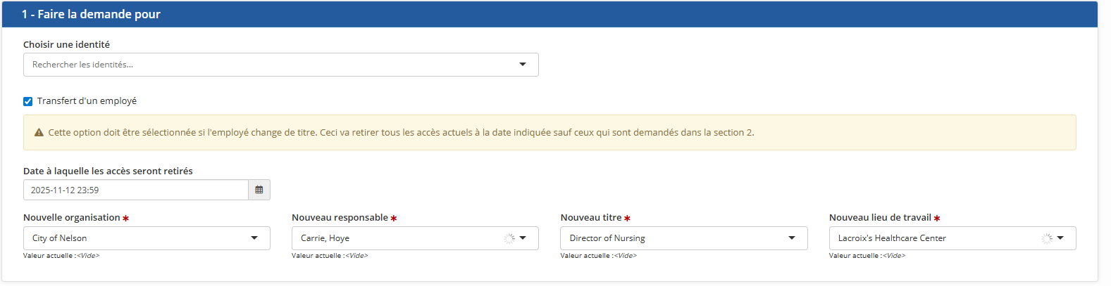 Le formulaire de transfert d'employé