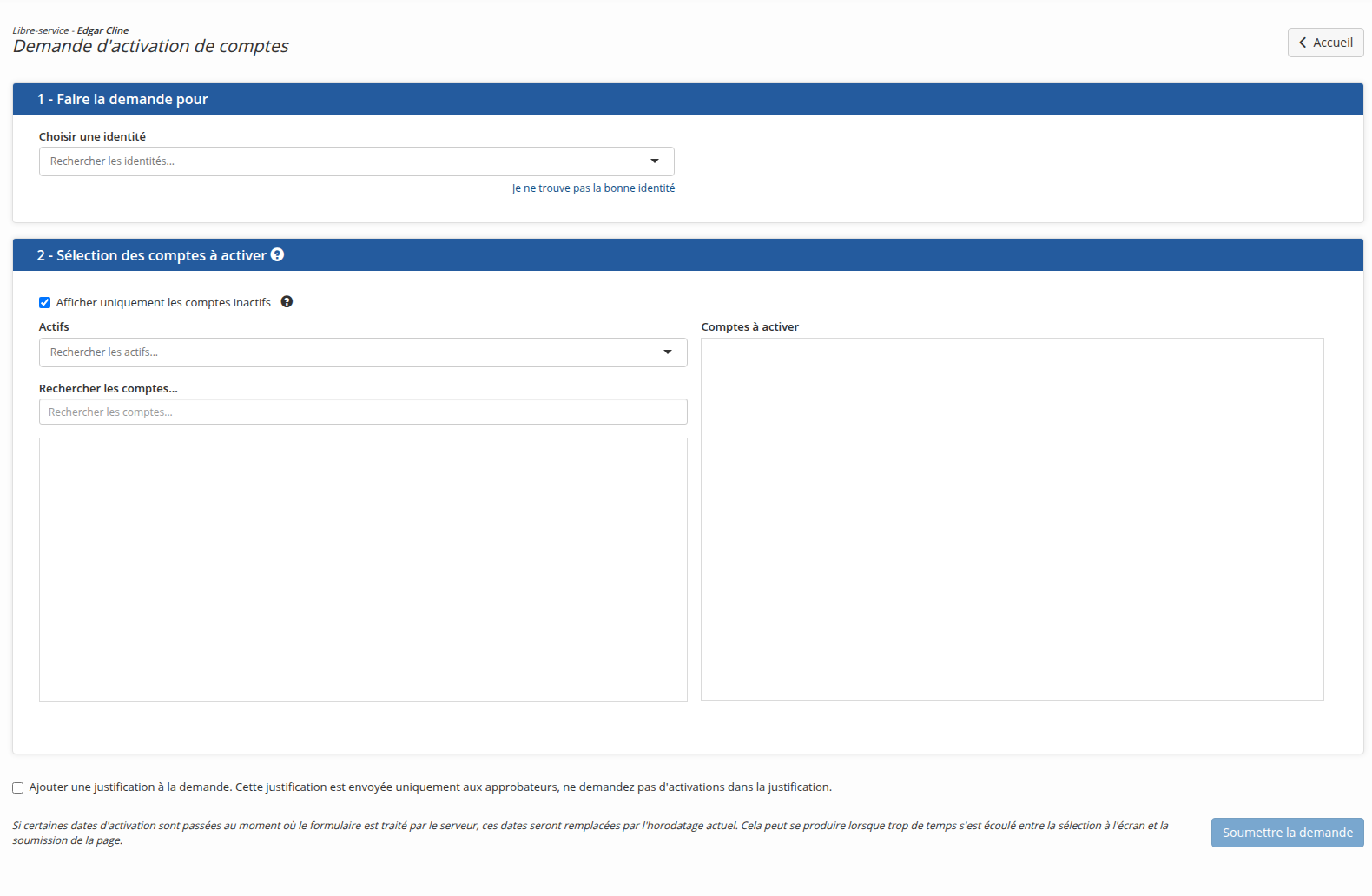 Le formulaire de demande d'activation de compte