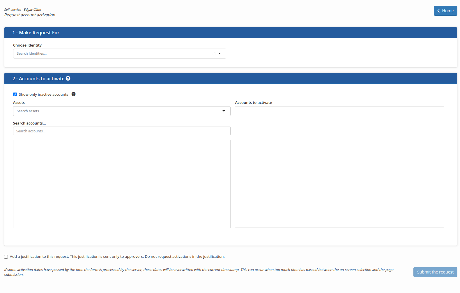 The account activation request form