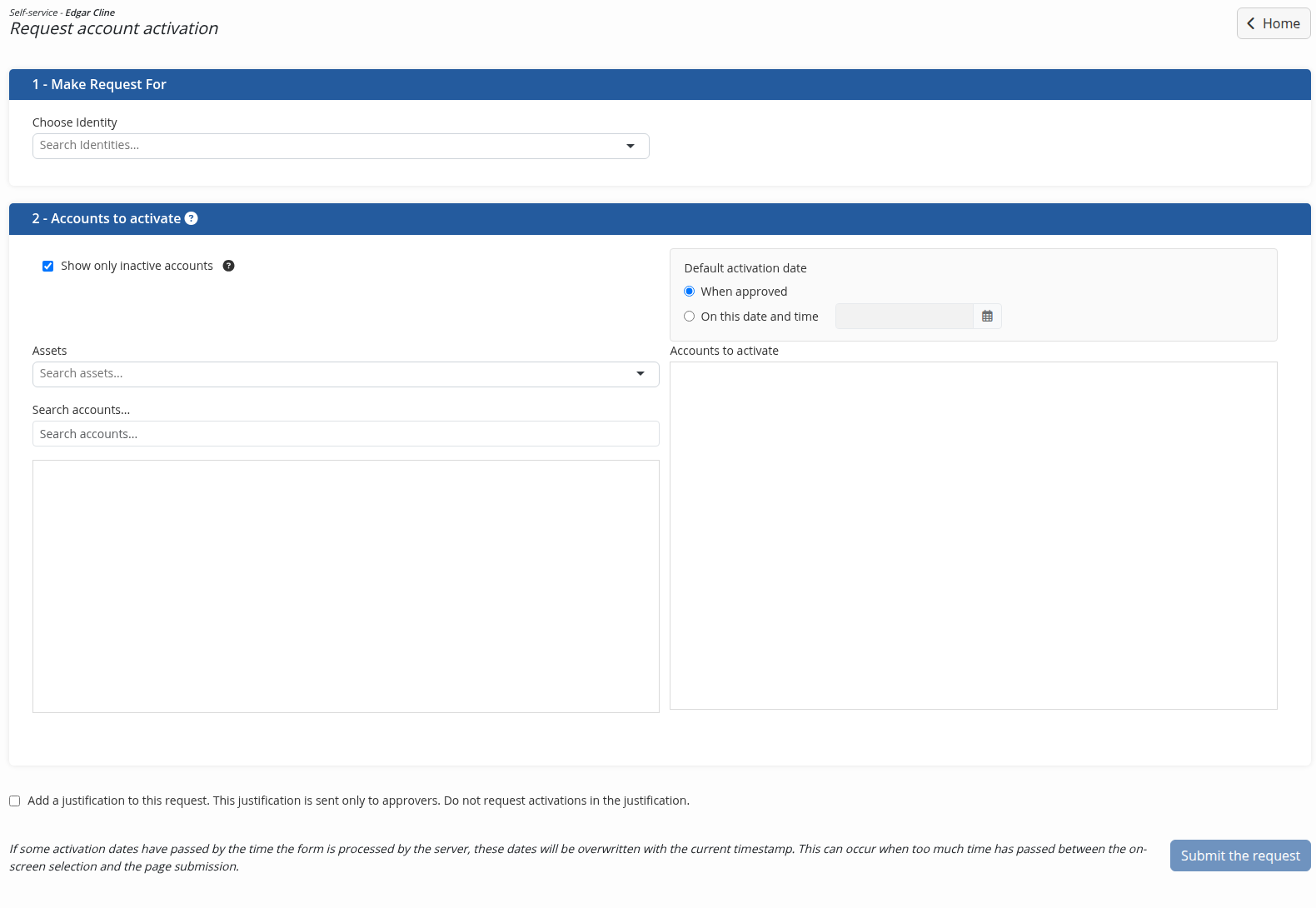 The account activation request form