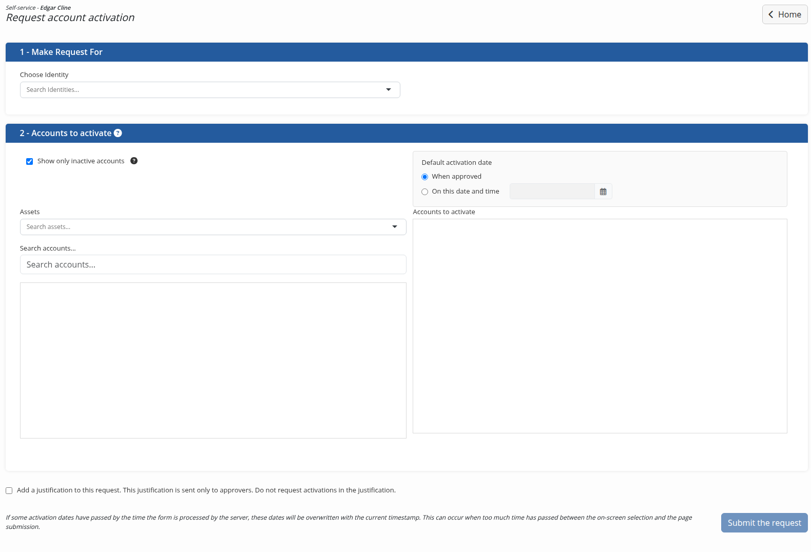 The account activation request form