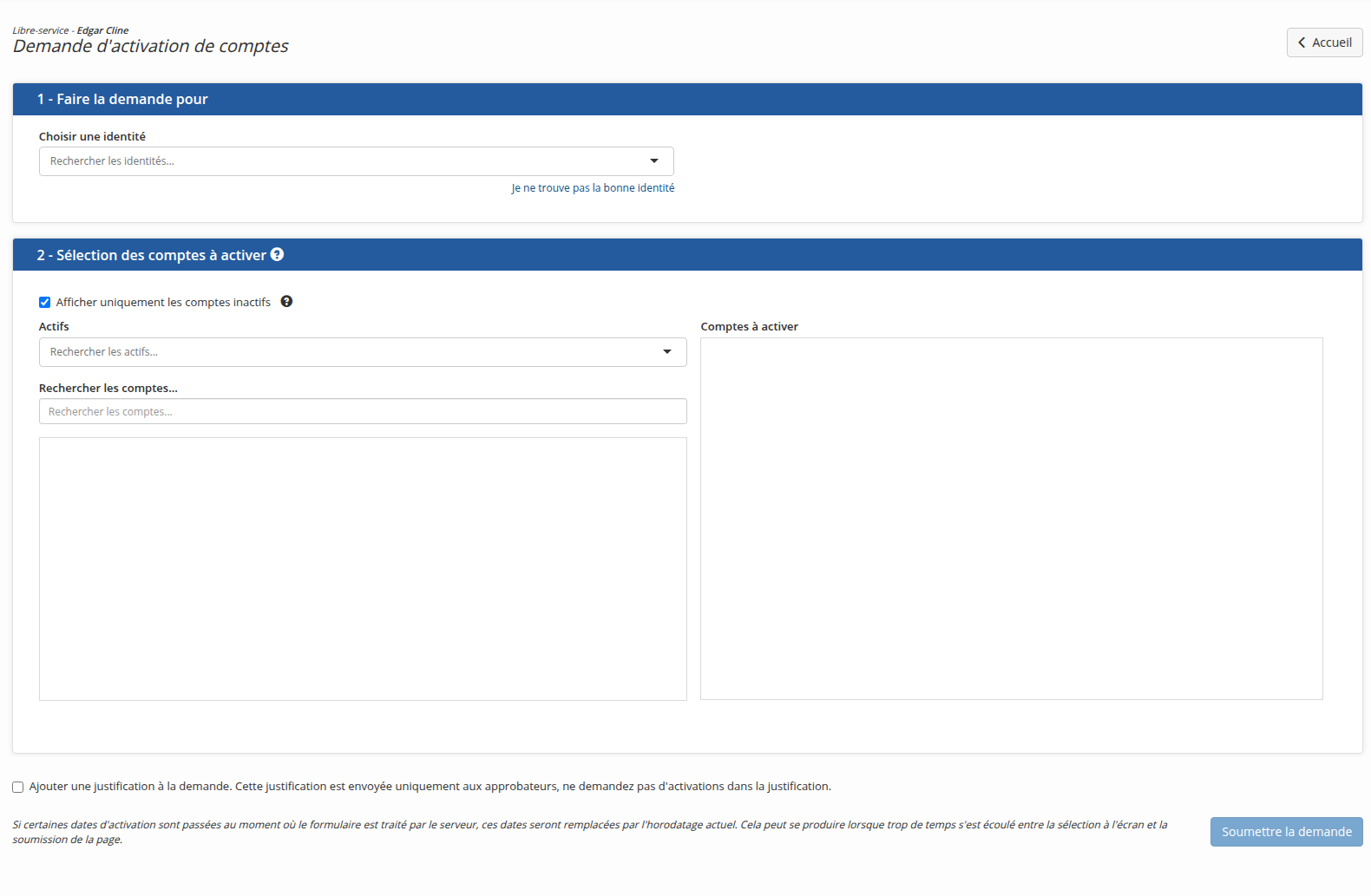 Le formulaire de demande d'activation de compte