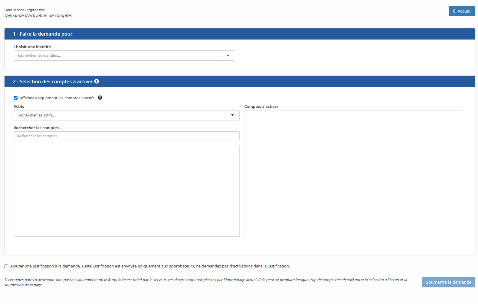 Le formulaire de demande d'activation de compte