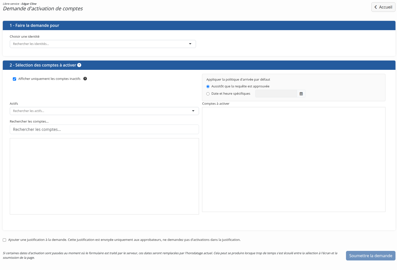 Le formulaire de demande d'activation de compte