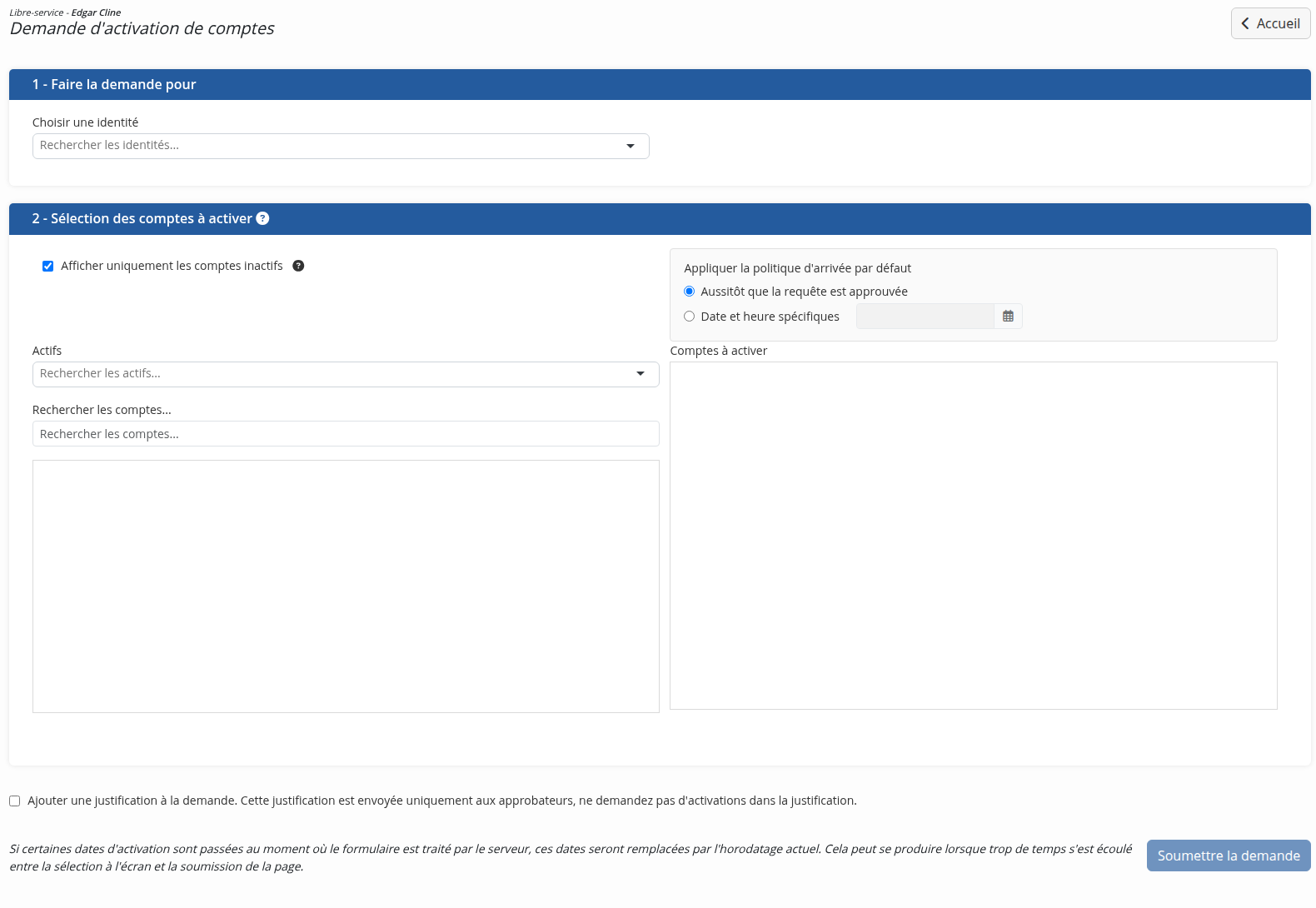 Le formulaire de demande d'activation de compte
