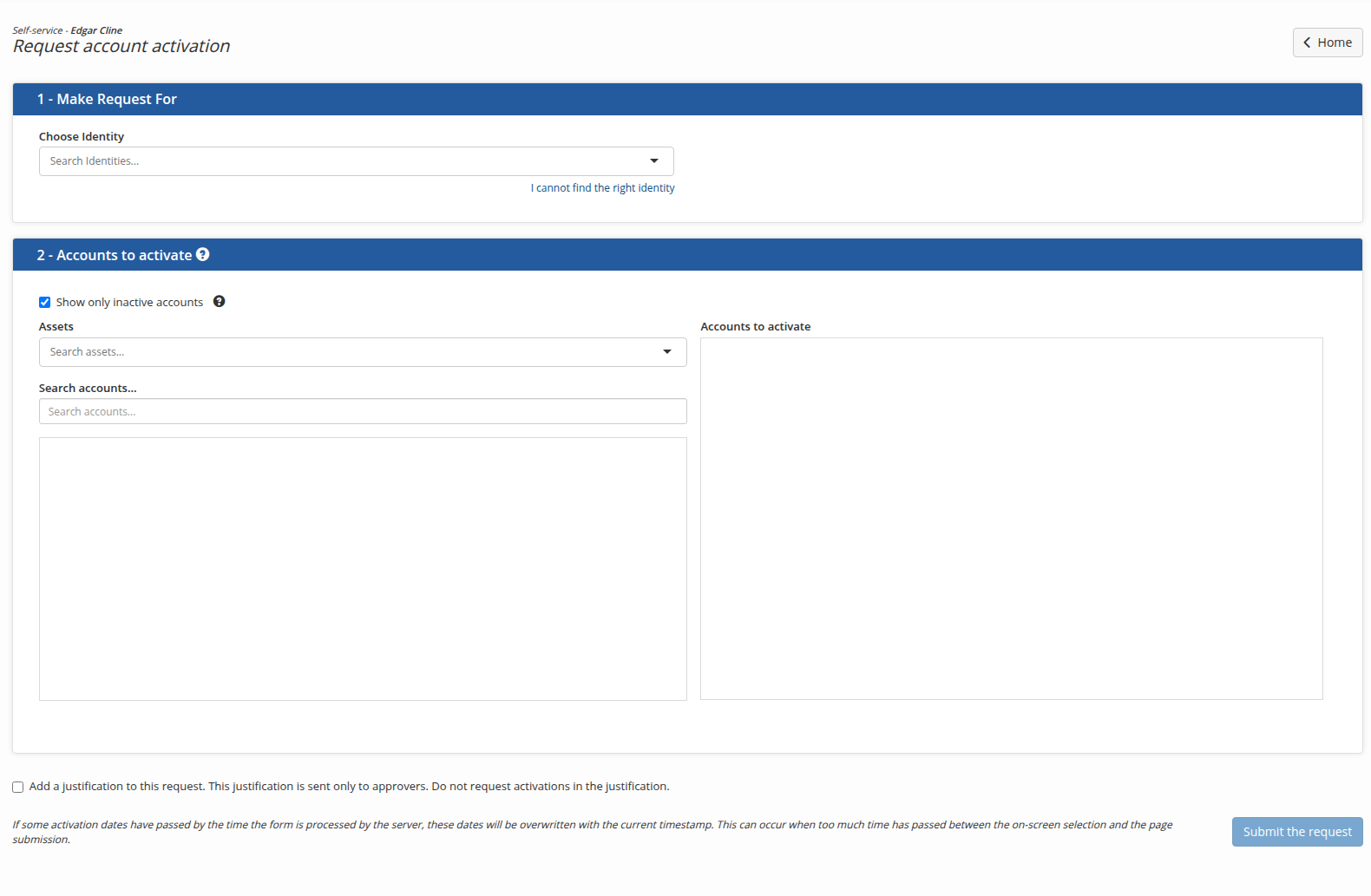 The account activation request form