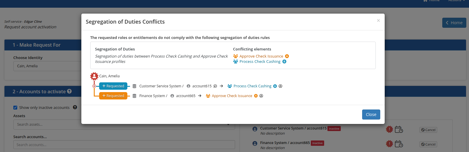 The details of an SOD rule violation