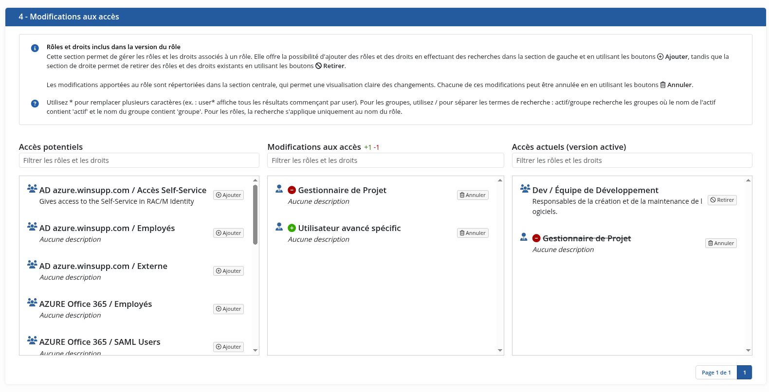 La section pour les accès