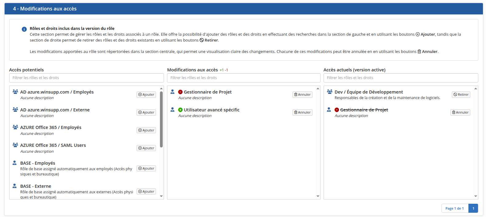 La section pour les accès
