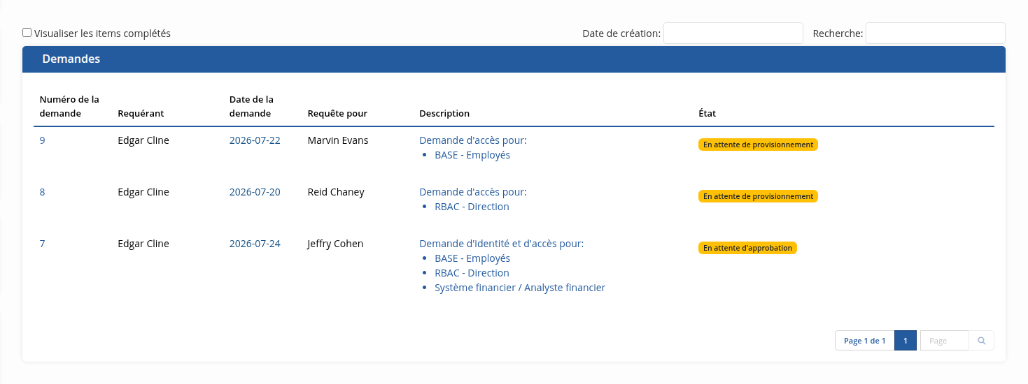 Liste des demandes en cours