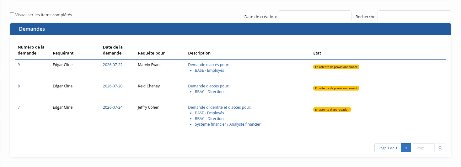 Liste des demandes en cours