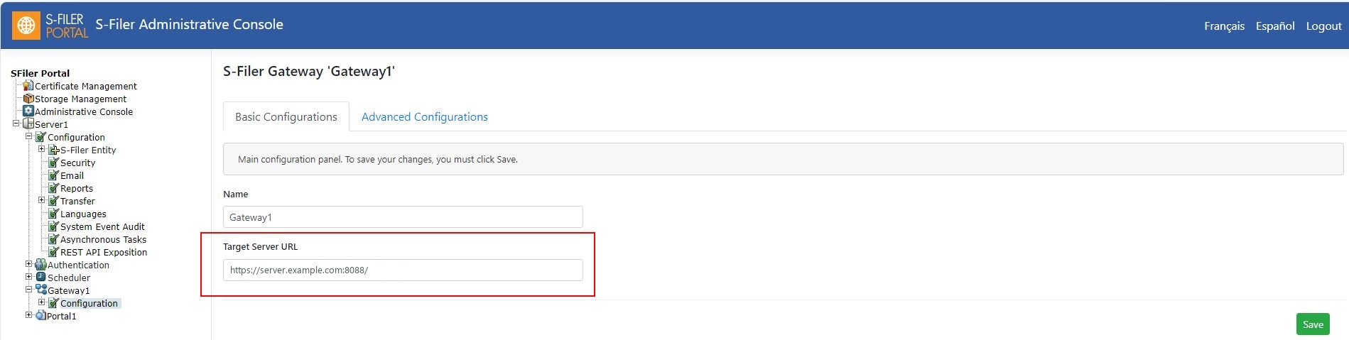 URL serveur cible de la passerelle