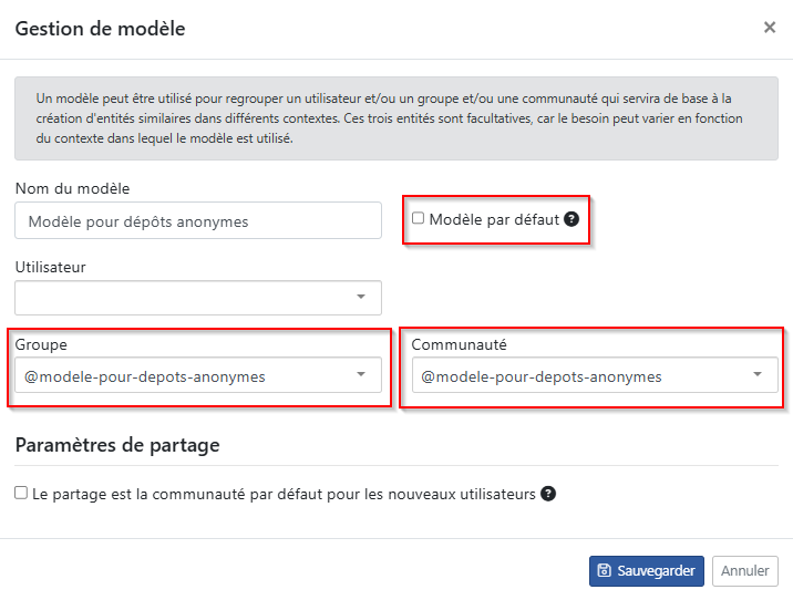 Configuration du modèle