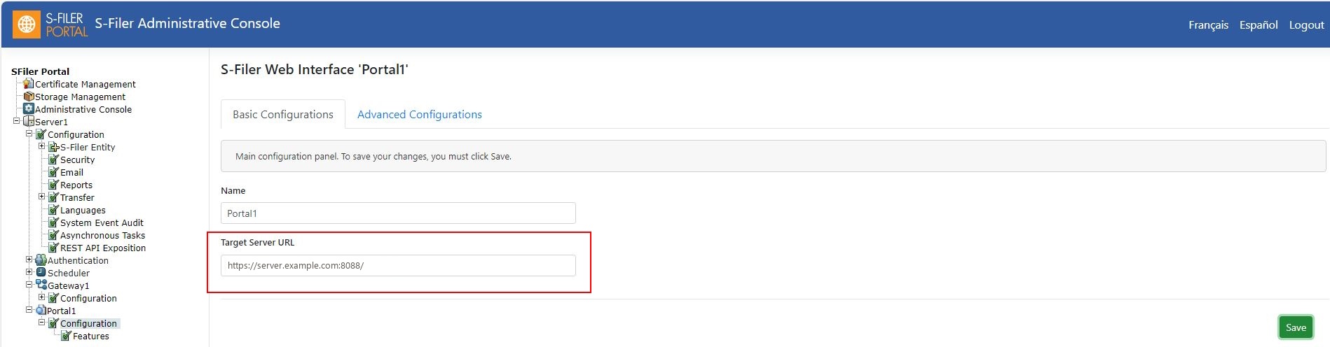 URL serveur cible de l'interface web