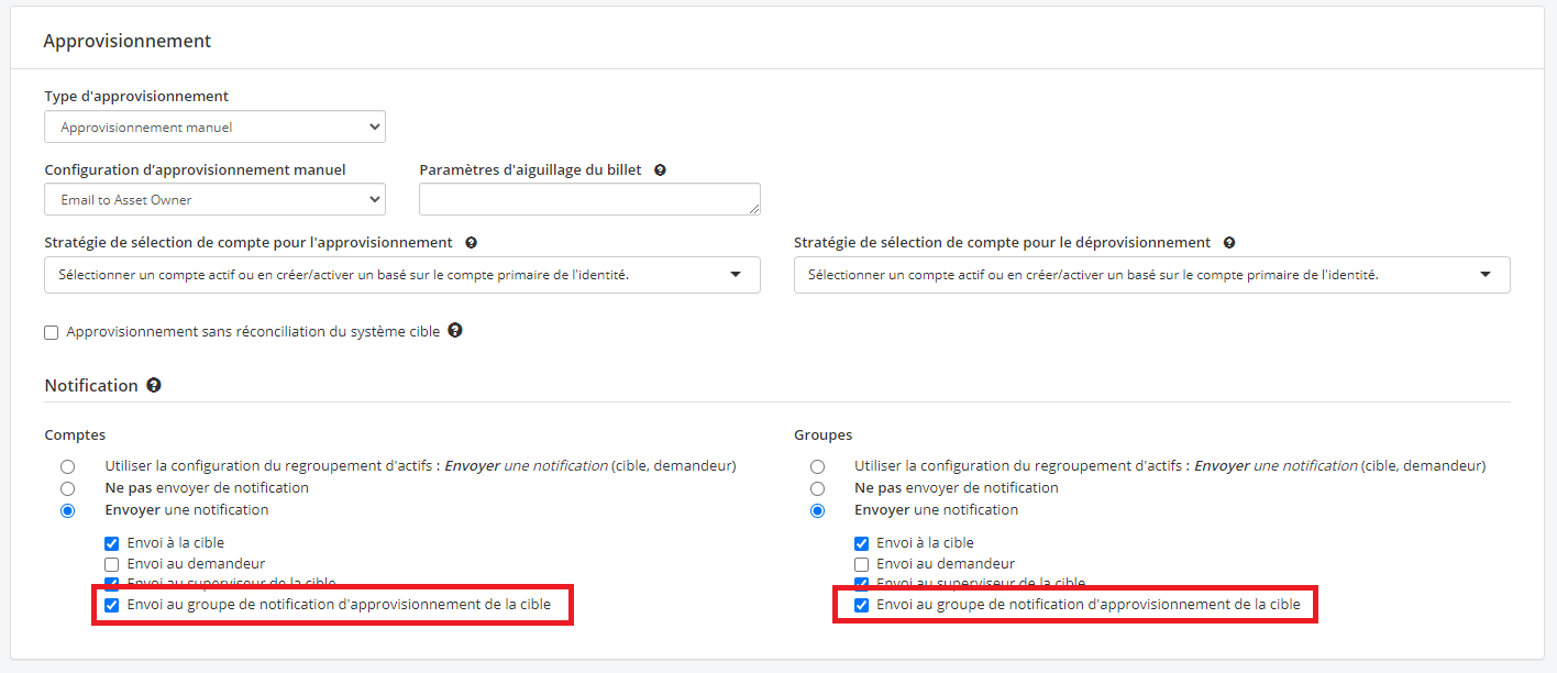 Écran d'actifs - Groupe à notifier lors de l'approvisionnement