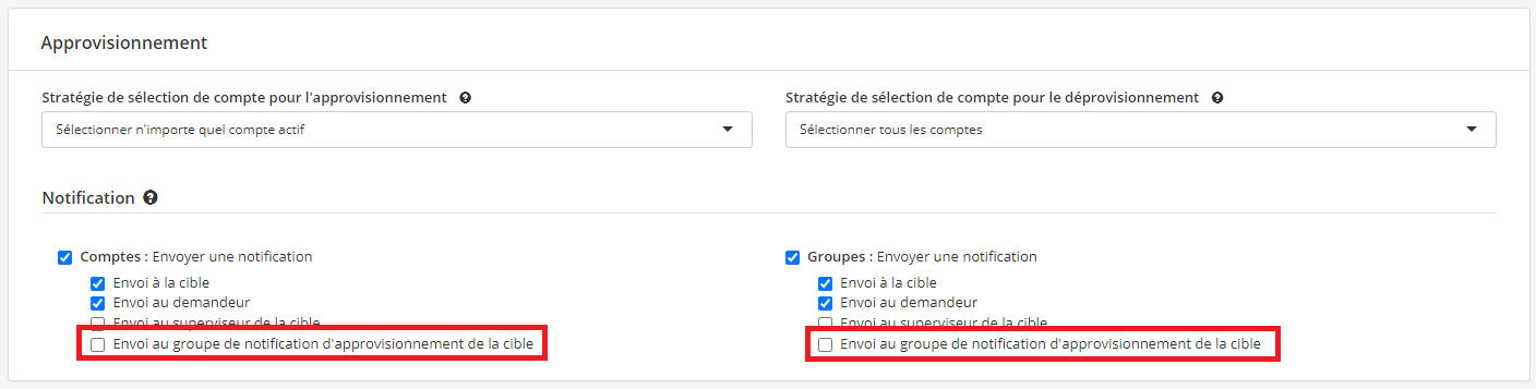 Écran de regroupement d'actifs - Groupe à notifier lors de l'approvisionnement